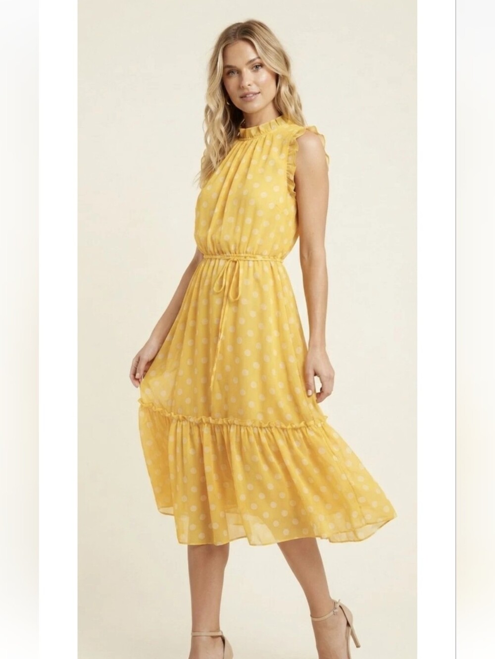 NWT Tahari Arthur S. Levine Yellow Polka Dot Ruffle Chiffon Midi Dress Size S